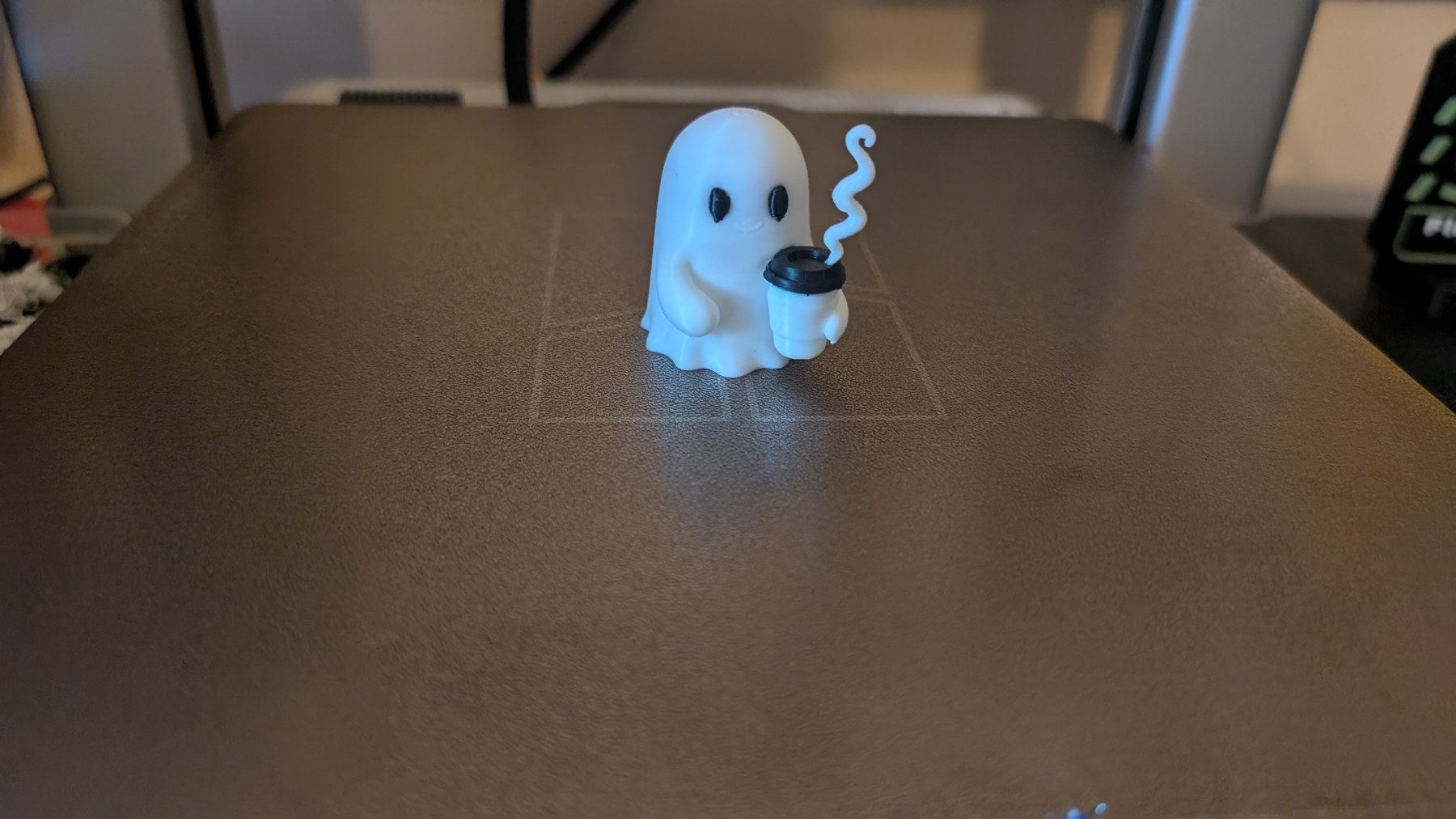 White ghost holding a coffee cup, with its supports removed