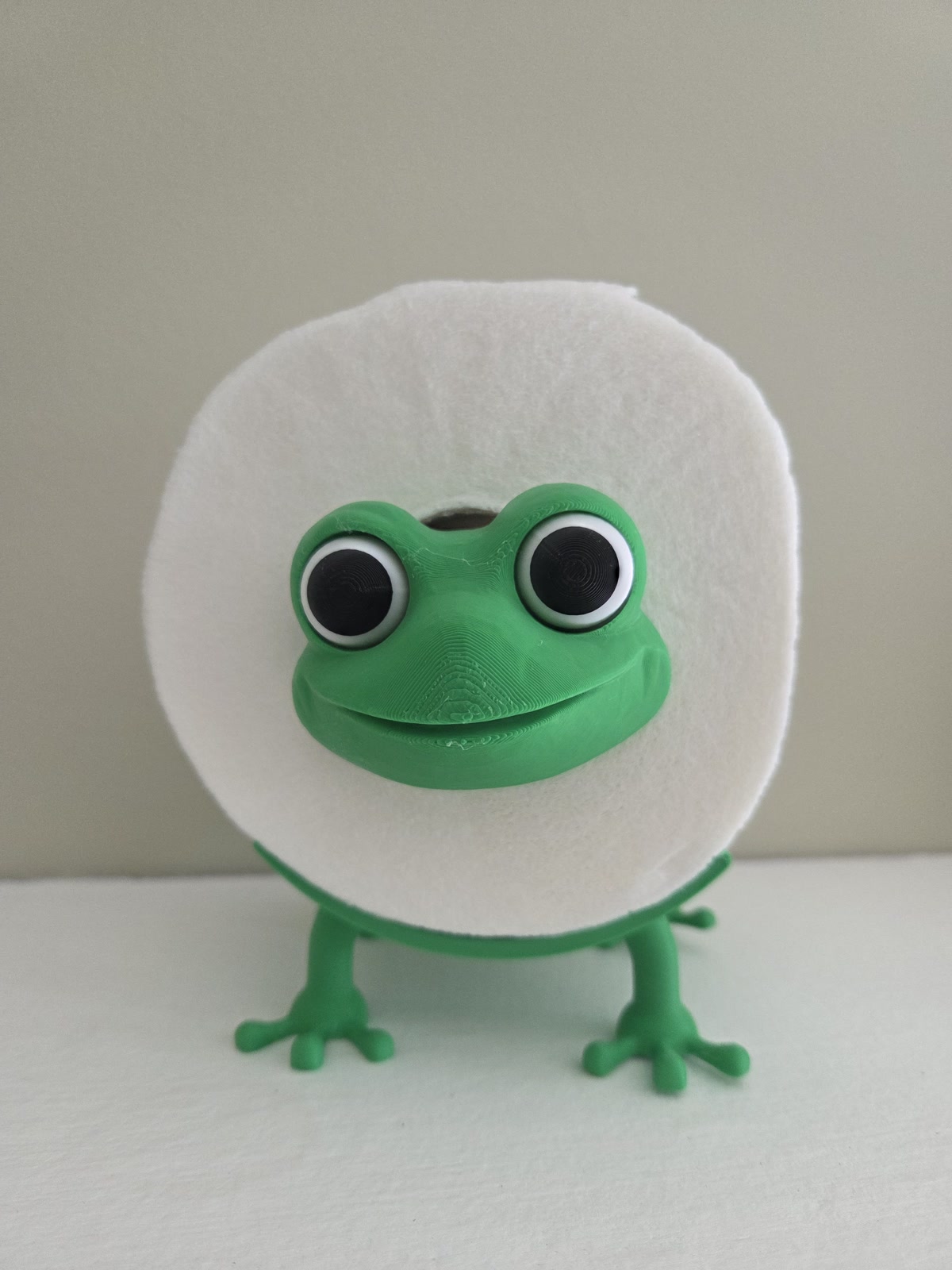 Assembled green frog holding a white toilet paper roll