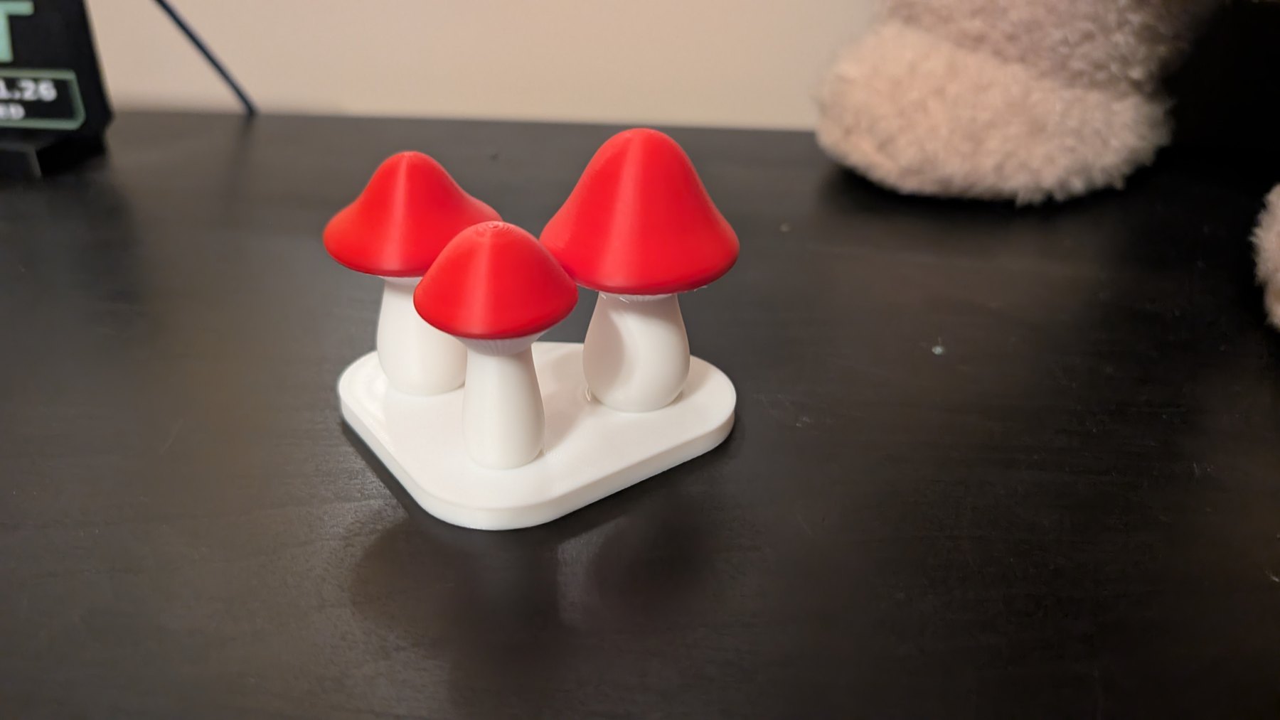 Finished red-and-white Mini Mushroom Trio, our first NFC-linked print